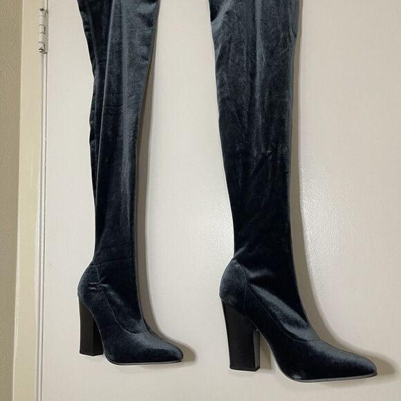 ZARA teal blue point toe velvet velour thigh high sock heeled boots 37 US 6.5 - Picture 3 of 10